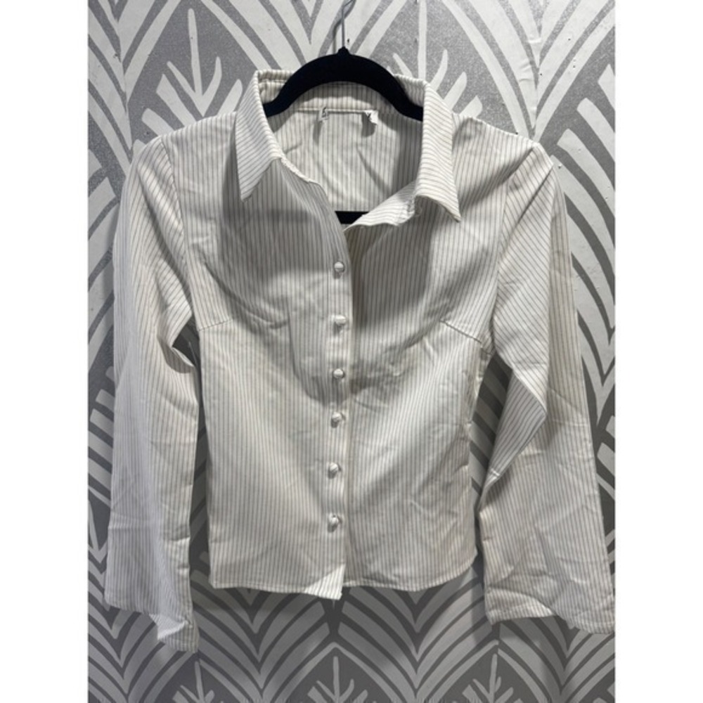 Princess Polly Anni white Pinstripe Button Up Shirt Fitted Long Sleeve Women 4 - Picture 2 of 6